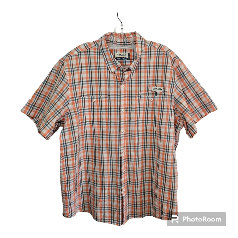 Magellan Men's Shirt Size XL Orange Gray Plaid Loose Fit Short Sleeves